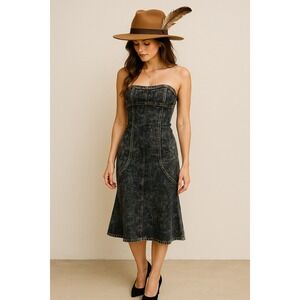 Strapless Washed Black Denim Midi Dress